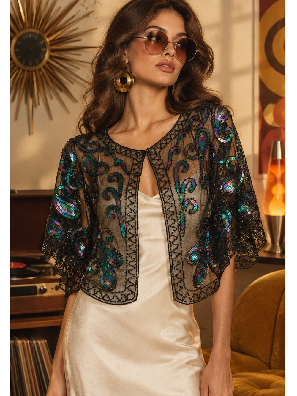 NWT BABEYOND Sequin Beaded Embellished Capelet Bolero Jacket